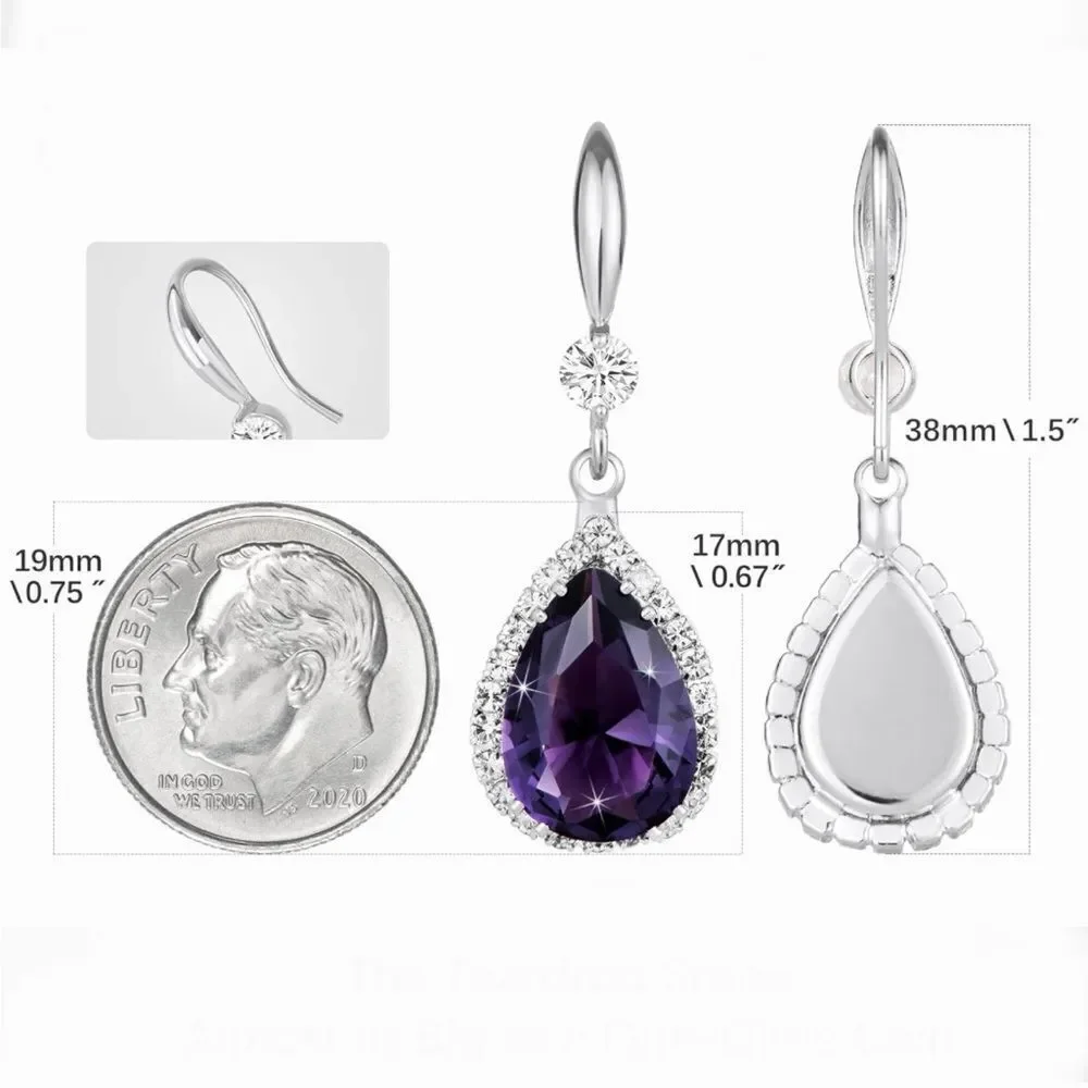 14K White Gold with Purple Amethyst Cubic Zirconia Teardrop Hook Dangle Earrings
